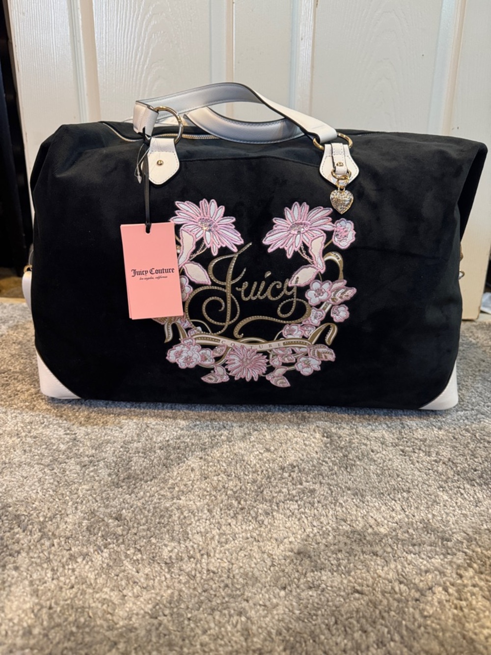 Juicy Couture Black Travel Weekender with Pink Floral Embroidery